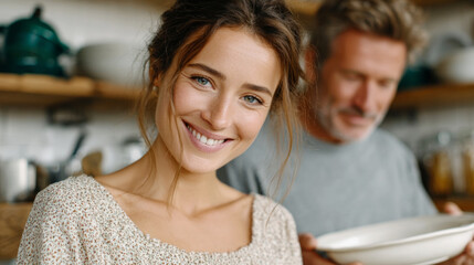 Happy couple unpacking in new home kitchen, smiling woman in focus