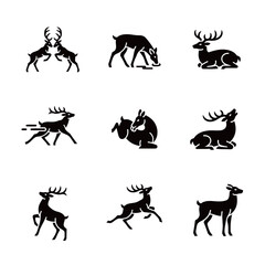Deer and Buck Black Silhouette Icons Showing Antler Combat and Grazing