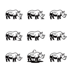 Outline Black and White Rhino Icon Set Rolling and Drinking in African Safari