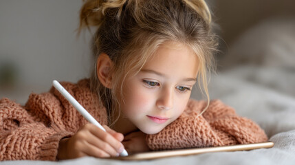 Young girl engaging in digital art creation using tablet and stylus