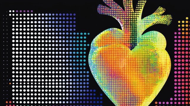 A stylized, abstract heart shape composed of colorful dots and gradients, set against a dark background with abstract dotted patterns. The image evokes a sense