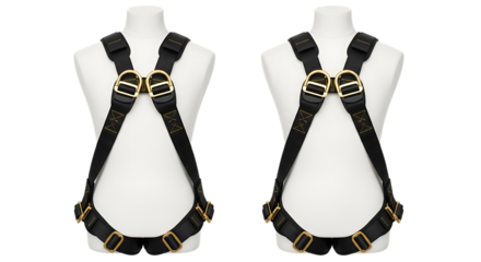 Safety Harness, Black with gold metal buckles and yellow stitching on white mannequins, cutout, PNG isolated on white or transparent background
