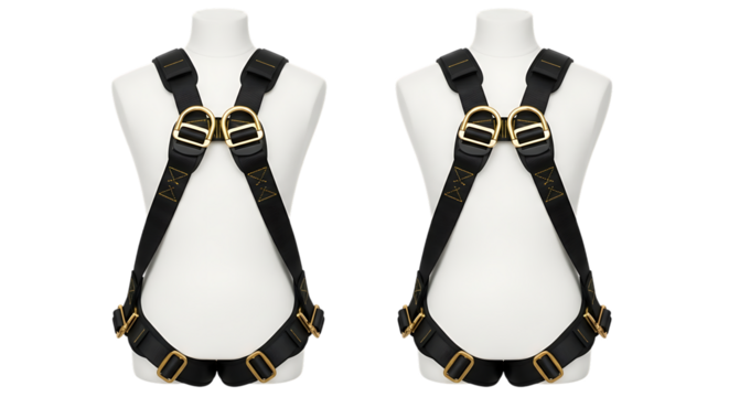 Safety Harness, Black with gold metal buckles and yellow stitching on white mannequins, cutout, PNG isolated on white or transparent background