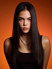 Fototapeta premium Y2K flat iron straight hair, medium length, fashion model shoot, sharp clean edges