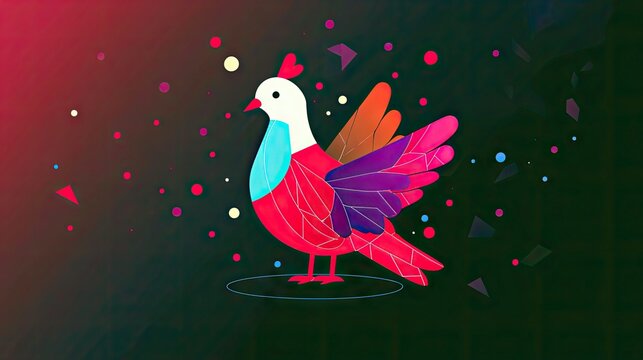A stylized, geometric bird with vibrant red, purple, and orange feathers stands on a dark, textured background. Small dots and geometric shapes resembling confe