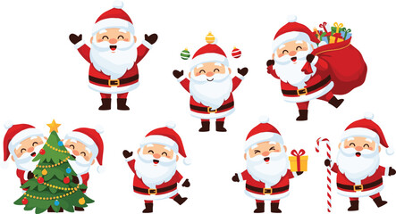 Collection of cartoon Santas with gifts Christmas tree and candy canes Santa Claus holiday