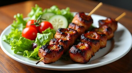 Delicious grilled meat skewers served with fresh green salad and sliced tomatoes