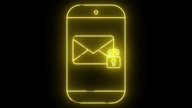 Yellow neon outline of a smartphone displaying an envelope with an unlocked padlock