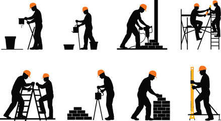 Construction workers in silhouette performing various building tasks bricklaying