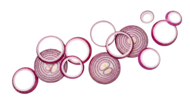 Red Onion, Sliced Rings with Concentric Layers and Vibrant Purple Edges, cutout, PNG isolated on white or transparent background