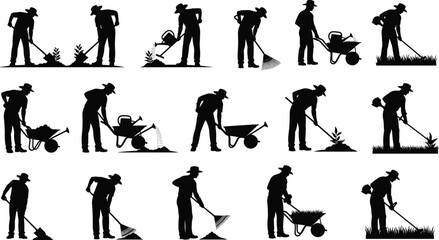 Set of gardener silhouettes black vector collection of people working in the garden with shovel rake and wheelbarrow planting watering and maintaining plants © Parvej Creatives