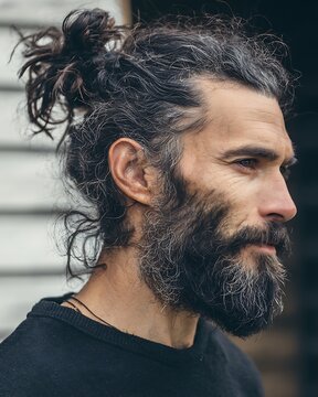 2010s man bun, hipster style, thick beard, natural texture, lifestyle
