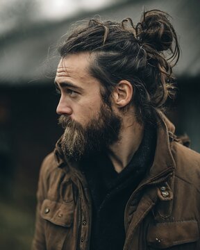 2010s man bun, hipster style, thick beard, natural texture, lifestyle