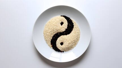 White and black sesame seeds arranged on a plate, isolated on white background