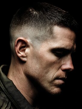 2010s skin fade crew cut, sharp contour, military-inspired male portrait
