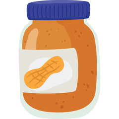 Glass Jar of Peanut Butter with Peanut Icon on Label and Blue Lid Transparent Background Food Icon