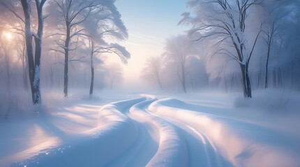 Beautiful winter landscape with a snowcovered road winding through frosted trees
