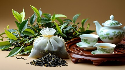 Fresh tea leaves, a tea bag, and loose tea with a traditional teapot and cups