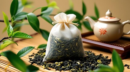 Bag of loose green tea leaves with fresh tea plants and a traditional teapot