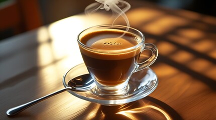 Steaming hot coffee in a clear glass cup on a wooden table with morning light