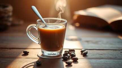 Steaming cup of coffee with spoon and scattered beans on a rustic wooden table