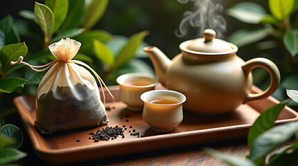 Traditional tea ceremony setup with steaming teapot, cups, and tea leaves on a wooden tray