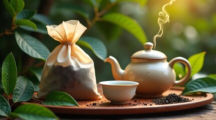 Steaming teapot, teacup, and fresh tea leaves on a wooden tray in a green garden