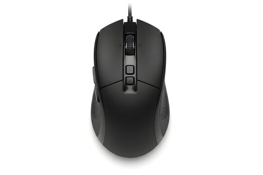 A top-down view of a black computer mouse isolated on white background.