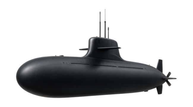 Submarine featuring a notched sail for stealth and retractable antennas.