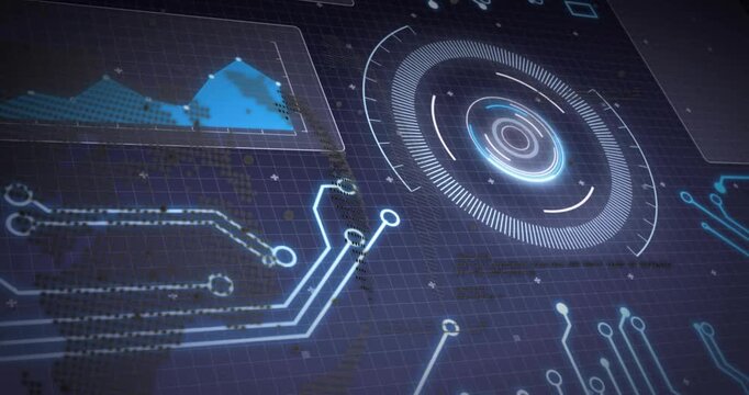 Data pulse starting HUD radar forming and rotating, traces linking chart and globe for data display