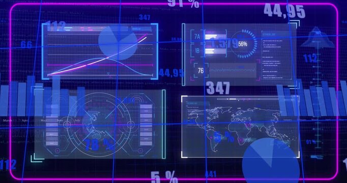 Incoming data feed arriving, four HUD panels updating and showing live metrics with magenta frame