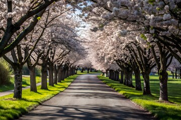Beautiful avenue of cherry blossom trees in full bloom on a sunny spring day