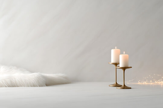 winter glam decor, opulent winter decor gleaming candleholders, crystal ornaments, white fur, warm lights, and sleek minimalism on marble