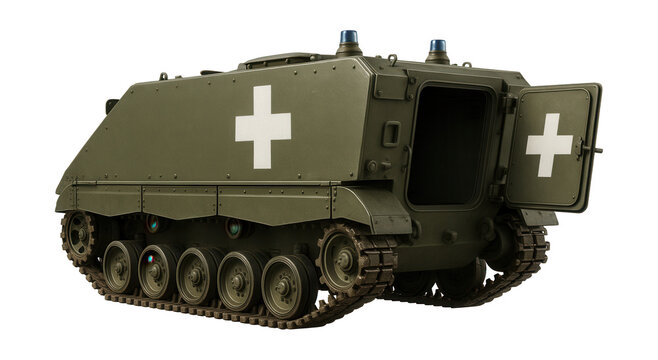 Armored tracked ambulance featuring a rear hatch and medical cross symbols.