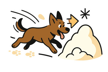 Dynamic Snow Adventure. Snow chase. Dog running toward a snow pile with motion lines and soft footprints