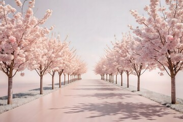 Path lined with blooming cherry blossom trees in a soft, ethereal pink landscape