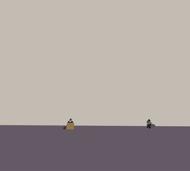 Homeless sitting on the pavement street holding cardboard sign next to white cup to collect money,