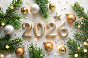 Golden 2026 numbers and christmas decorations isolated on white background