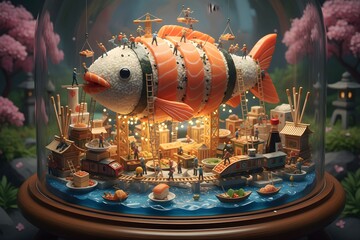 A whimsical sushi fish floats above a miniature city made of food, all encased in a glass dome.