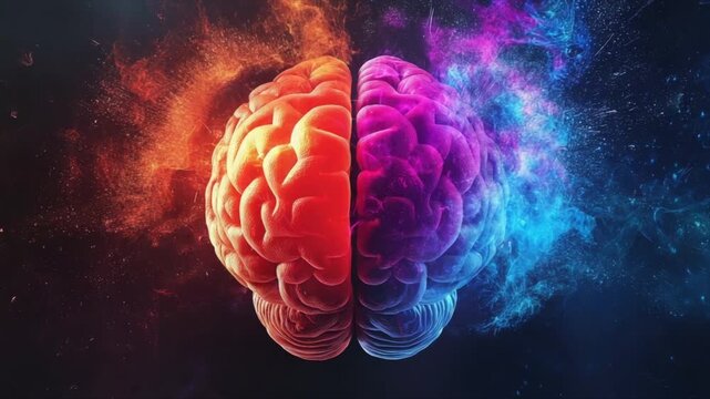 Human brain with right creative hemisphere and left logical hemisphere. AI medical, technological and scientific concept