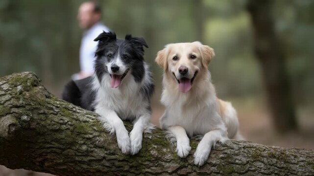 Two happy dogs, border collie and golden retriever, resting on log