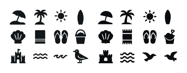 Fototapeta premium Beach icon set: umbrella, palm tree, sun, surfboard, flip-flops, shell, castle, bird