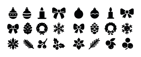 Fototapeta premium Festive holiday icons collection: ornaments, candles, bows, wreaths, and more