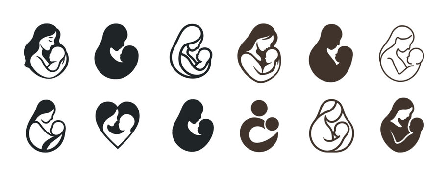 Mother and baby icons: diverse silhouettes of bonding in monochrome styles