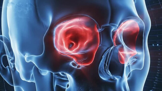 X-ray visualization of human skull and cervical spine with highlighted inflamed areas depicting pain or infection in cool blue and red tones on a dark textured