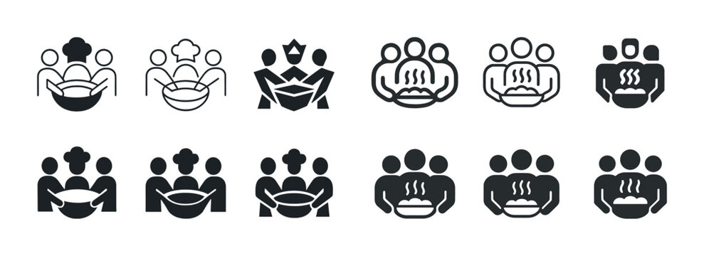 Black and white soup kitchen icon set featuring diverse group silhouettes