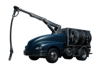 Aviation refueler featuring an extended boom arm and side hose reels.