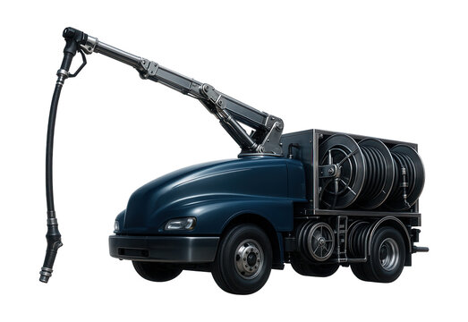 Aviation refueler featuring an extended boom arm and side hose reels.