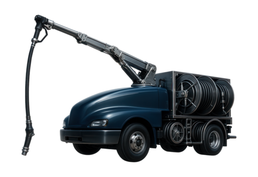 Aviation refueler featuring an extended boom arm and side hose reels.