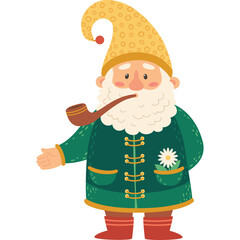 Whimsical Garden Gnome Wearing a Yellow Pointed Hat and Green Tunic with a Pipe and Flower Detail Standing with Hand Outstretched